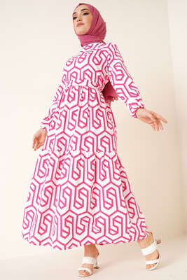 Labirent Desen Elbise Fuşya - Thumbnail