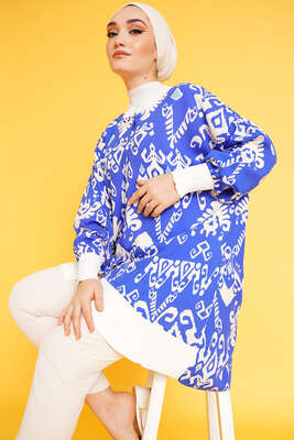 Desenli Oversize Gömlek Saks - Thumbnail