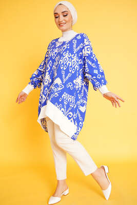 Desenli Oversize Gömlek Saks - Thumbnail