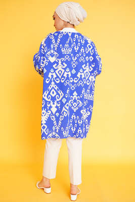 Desenli Oversize Gömlek Saks - Thumbnail