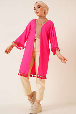 Püskül Süslemeli Fuşya Hırka - Thumbnail