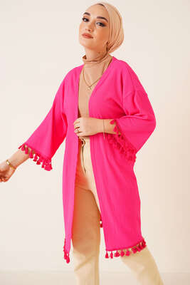 Püskül Süslemeli Fuşya Hırka - Thumbnail