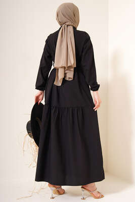 Önü Düğmeli Kat Model Elbise Siyah - Thumbnail