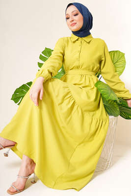 Önü Düğmeli Kat Model Elbise Neon Yeşil - Thumbnail