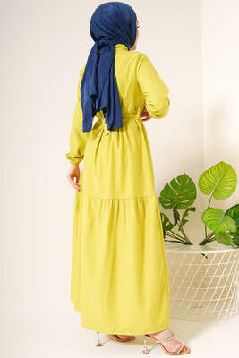 Önü Düğmeli Kat Model Elbise Neon Yeşil - Thumbnail