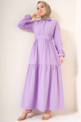 Önü Düğmeli Kat Model Elbise Lila - Thumbnail