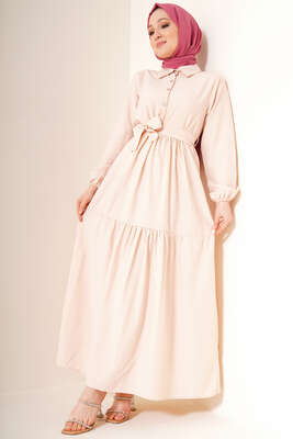 Önü Düğmeli Kat Model Elbise Bej - Thumbnail