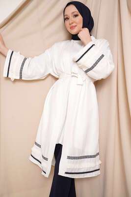 Püskül Detaylı Kimono Ekru - Thumbnail