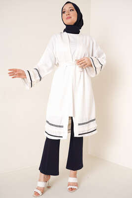 Püskül Detaylı Kimono Ekru - Thumbnail