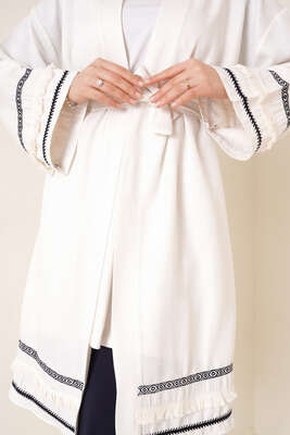 Püskül Detaylı Kimono Ekru - Thumbnail