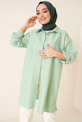 Çizgili Gofre Kumaş Yeşil Gömlek - Thumbnail