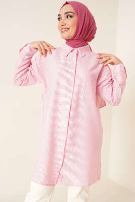 Çizgili Gofre Kumaş Pembe Gömlek - Thumbnail