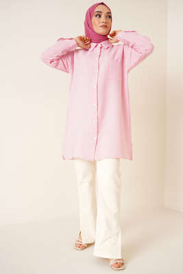 Çizgili Gofre Kumaş Pembe Gömlek - Thumbnail