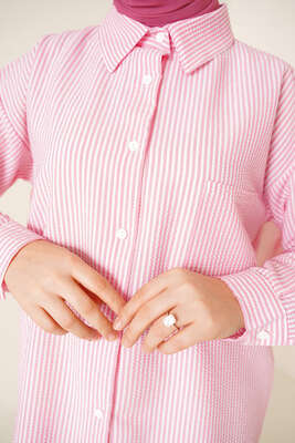 Çizgili Gofre Kumaş Pembe Gömlek - Thumbnail