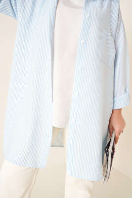Çizgili Gofre Kumaş Buz Mavisi Gömlek - Thumbnail