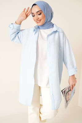 Çizgili Gofre Kumaş Buz Mavisi Gömlek - Thumbnail