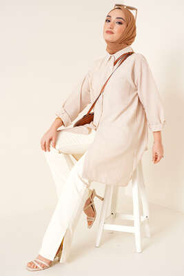 Çizgili Gofre Kumaş Camel Gömlek - Thumbnail