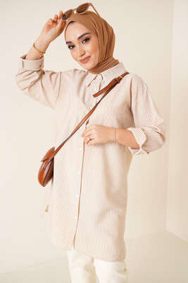 Çizgili Gofre Kumaş Camel Gömlek - Thumbnail