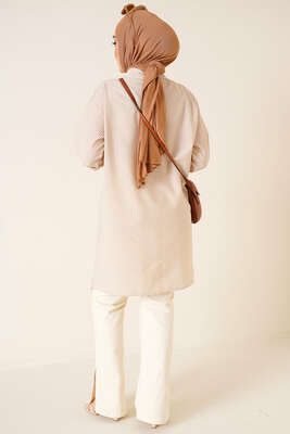 Çizgili Gofre Kumaş Camel Gömlek - Thumbnail