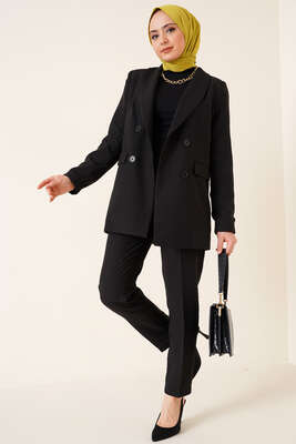 Keten Pantolon Ceket İkili Takım Siyah - Thumbnail