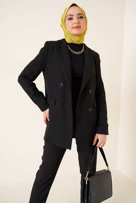 Keten Pantolon Ceket İkili Takım Siyah - Thumbnail