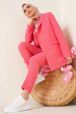 Keten Pantolon Ceket İkili Takım Mercan - Thumbnail