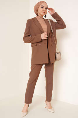 Keten Pantolon Ceket İkili Takım Kahve - Thumbnail