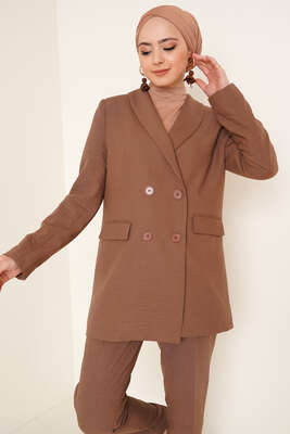 Keten Pantolon Ceket İkili Takım Kahve - Thumbnail