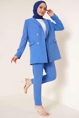 Keten Pantolon Ceket İkili Takım İndigo - Thumbnail