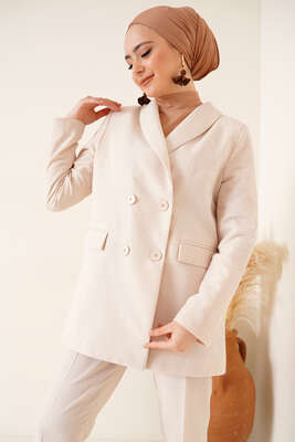 Keten Pantolon Ceket İkili Takım Bej - Thumbnail