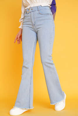 Kemer Görünümlü İspanyol Paça Jean Pantolon Açık Mavi - Thumbnail