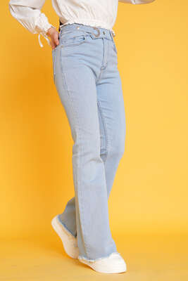 Kemer Görünümlü İspanyol Paça Jean Pantolon Açık Mavi - Thumbnail