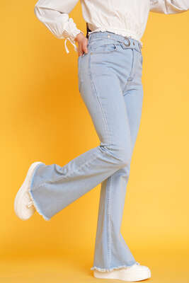 Kemer Görünümlü İspanyol Paça Jean Pantolon Açık Mavi - Thumbnail