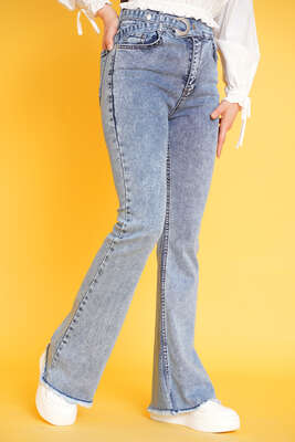 Kemer Görünümlü İspanyol Paça Jean Pantolon Açık Kar - Thumbnail