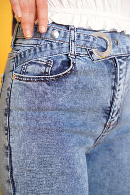 Kemer Görünümlü İspanyol Paça Jean Pantolon Açık Kar - Thumbnail