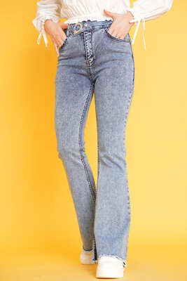 Kemer Görünümlü İspanyol Paça Jean Pantolon Açık Kar - Thumbnail