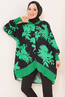 Desenli Oversize Gömlek Yeşil Siyah - Thumbnail