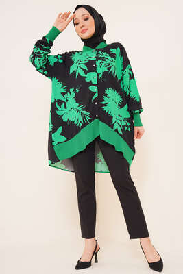 Desenli Oversize Gömlek Yeşil Siyah - Thumbnail