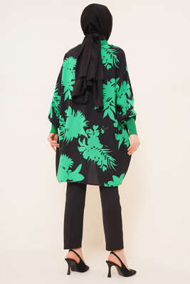 Desenli Oversize Gömlek Yeşil Siyah - Thumbnail