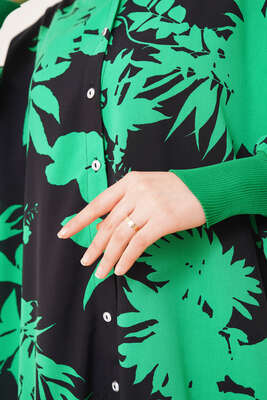 Desenli Oversize Gömlek Yeşil Siyah - Thumbnail