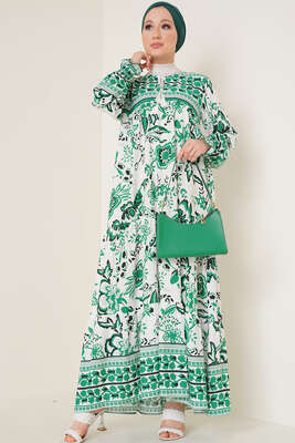 Yakası İpli Etnik Desen Elbise Zümrüt - Thumbnail