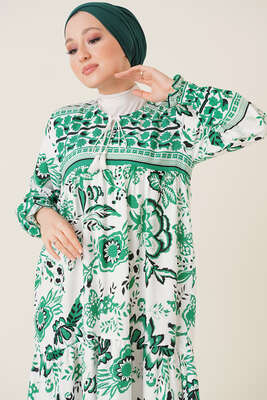 Yakası İpli Etnik Desen Elbise Zümrüt - Thumbnail