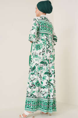 Yakası İpli Etnik Desen Elbise Zümrüt - Thumbnail