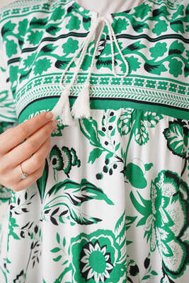 Yakası İpli Etnik Desen Elbise Zümrüt - Thumbnail