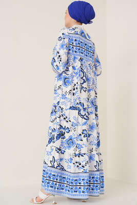 Yakası İpli Etnik Desen Elbise Saks - Thumbnail