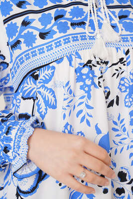 Yakası İpli Etnik Desen Elbise Saks - Thumbnail