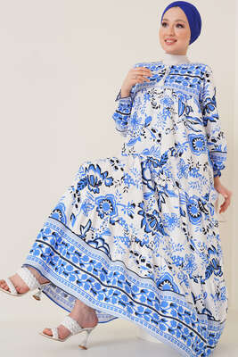 Yakası İpli Etnik Desen Elbise Saks - Thumbnail