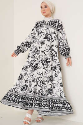 Yakası İpli Etnik Desen Elbise Siyah - Thumbnail