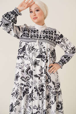 Yakası İpli Etnik Desen Elbise Siyah - Thumbnail