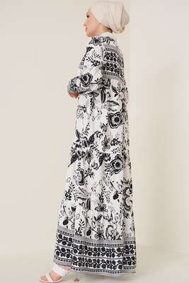 Yakası İpli Etnik Desen Elbise Siyah - Thumbnail